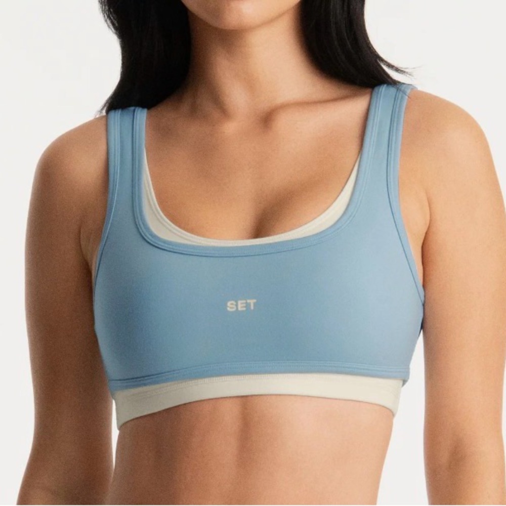 SET Active Blue and Cream Sports Bra + Matching Leggings
